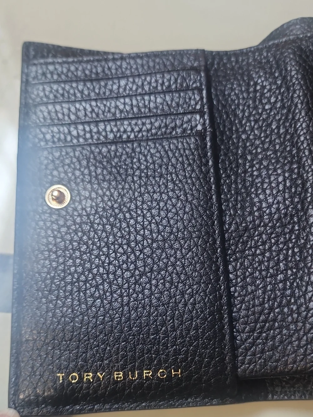 Tory Burch Black Pebbled Leather Thea Medium Flap Wallet with Gold Hardware